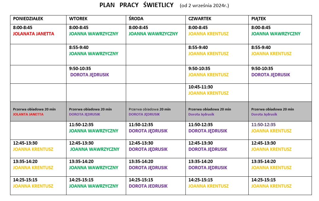 Plan świetlicy - rok szkolny 2024/2025